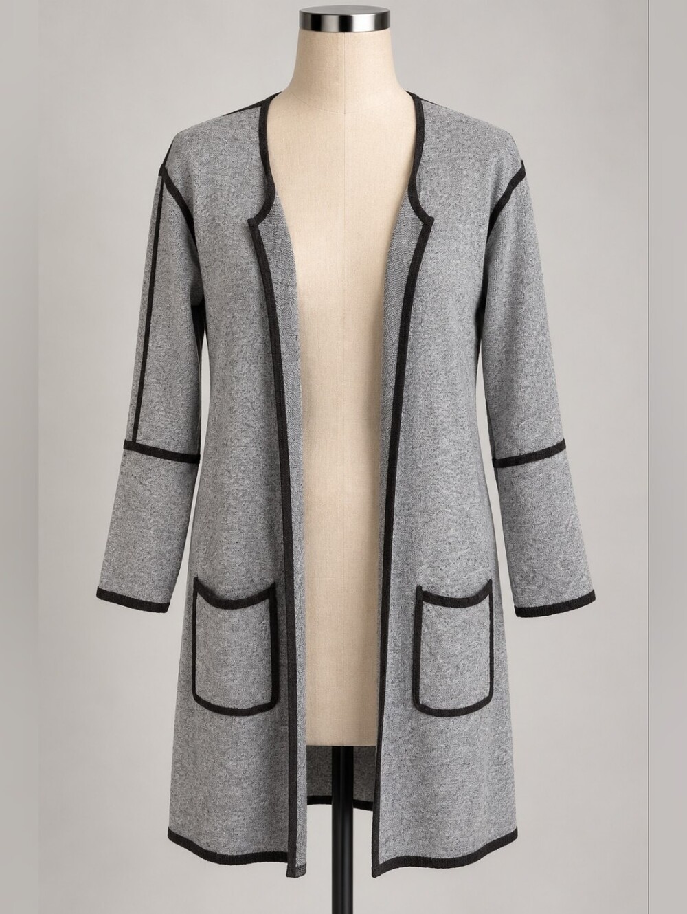 NESS Long Open Front Cardigan Grey Black Contrast Trim Pockets Size Medium